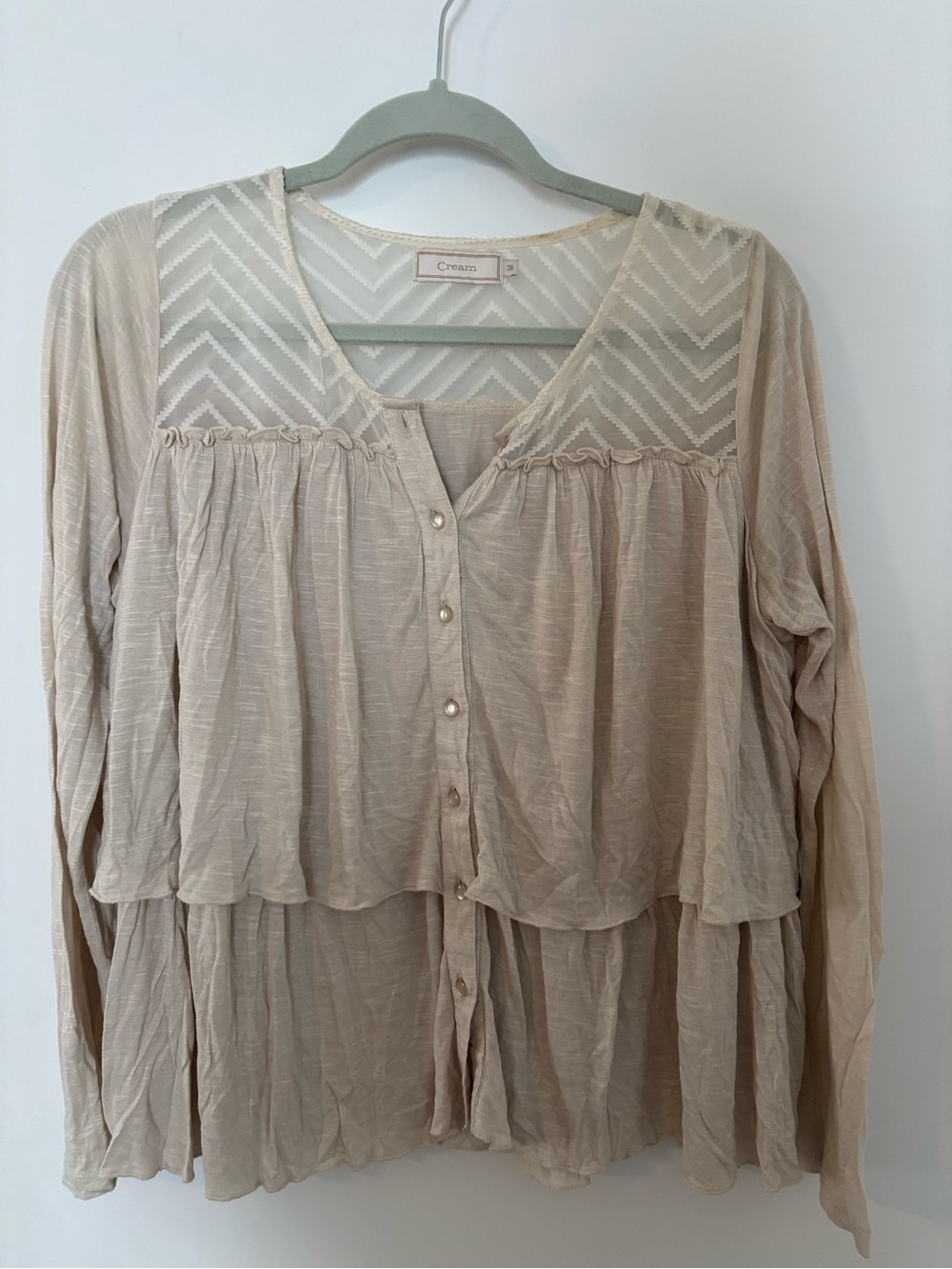Cream Lightweight Button-Front Boho Blouse -Size Medium (38EU)